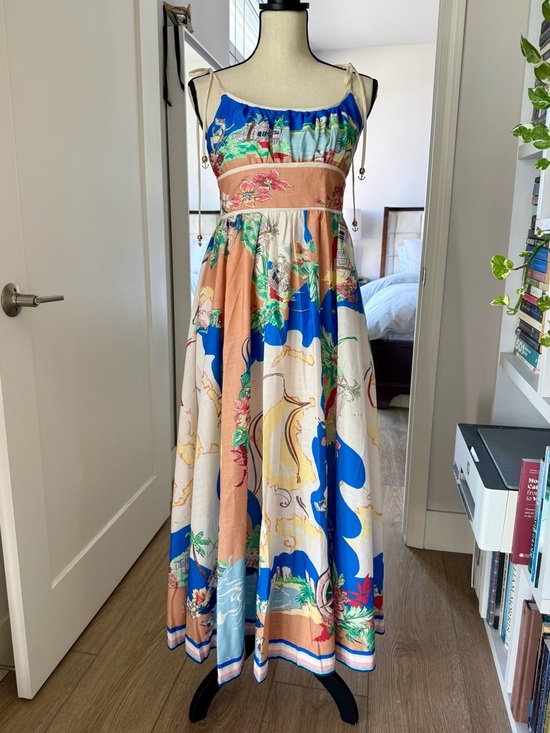 Zimmermann Alight Picnic Nautical Map Midi Dress Linen Blue Print - Picture 2 of 16